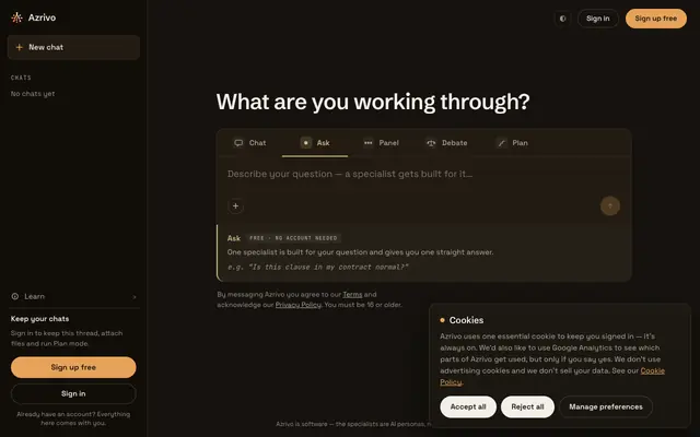 Screenshot of Azrivo — Debate it. Plan it. Keep your judgment.