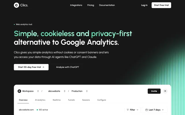 Screenshot of Simple web analytics to find your best marketing channels | Clics Analytics