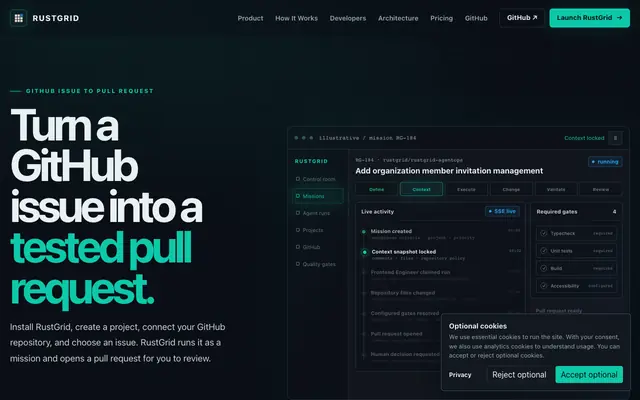 Screenshot of RustGrid — Autonomous Software Delivery