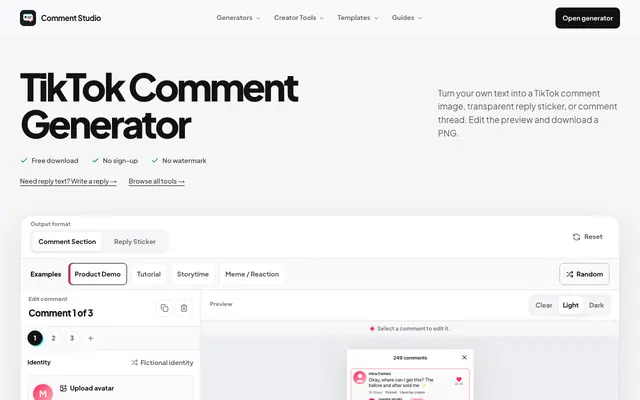 Screenshot of Free TikTok Comment Generator — Reply Stickers & Comment Images