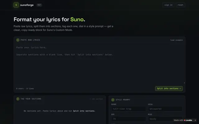 Screenshot of Sunoforge — Format lyrics for Suno AI