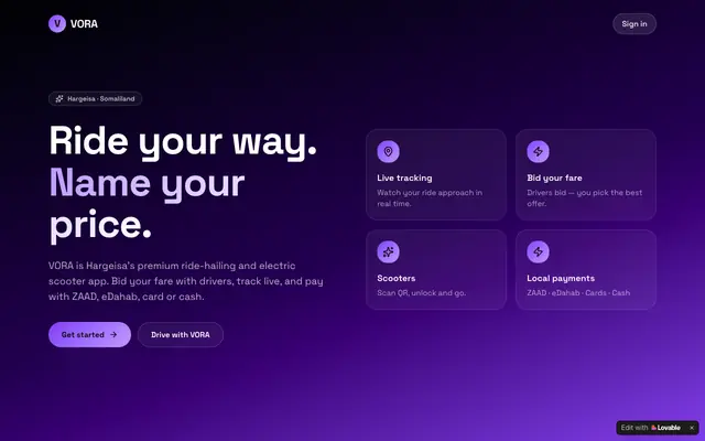 Screenshot of VORA — Ride & Scooter in Hargeisa