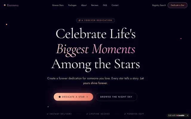 Screenshot of Evernova Registry — Dedicate a Star for Someone You Love