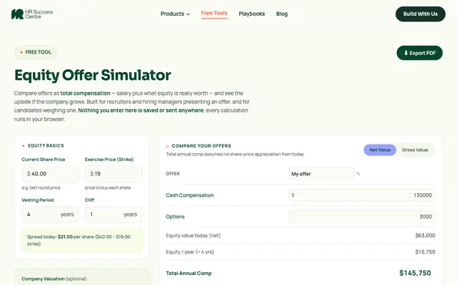 Screenshot of Equity Offer Simulator — HR Success Centre