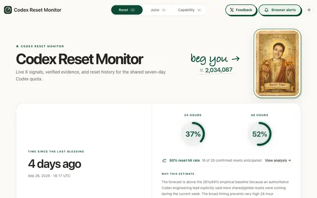 Screenshot of Codex Reset Monitor – Live Status & Reset Timeline