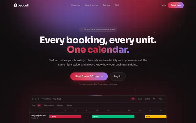 Screenshot of Bedcali — one calendar for all your units