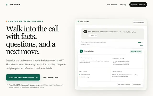 Screenshot of Five Minute — Call planning inside ChatGPT