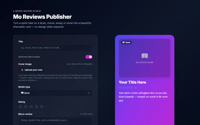 Screenshot of Mo Reviews Publisher