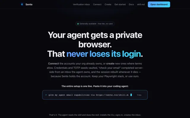 Screenshot of Sente · Accounts for AI agents