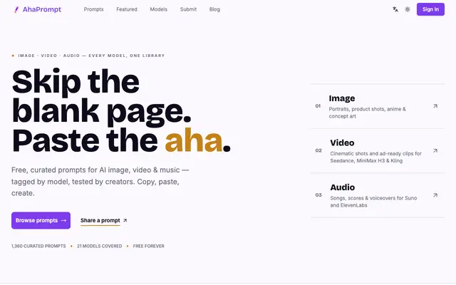 Screenshot of AhaPrompt - AI Prompts for Images, Video & Audio — Every Model, One Library
