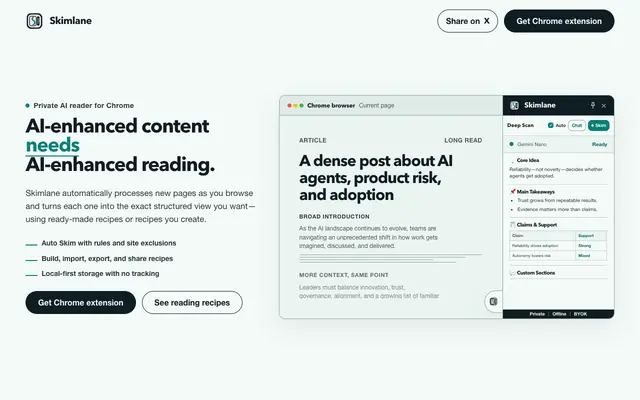 Screenshot of Skimlane | Private AI Reading Assistant for Chrome