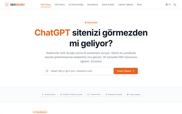 Screenshot of Siteniz ChatGPT’de Görünüyor mu? | Ücretsiz GEO Analizi — GeoSkoru