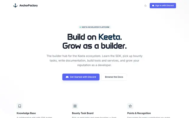 Screenshot of AnchorFactory — Builder Hub for the Keeta Ecosystem