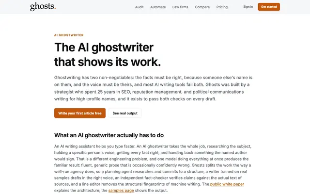 Screenshot of AI Ghostwriter: Researched, Cited, In Your Voice · Ghosts