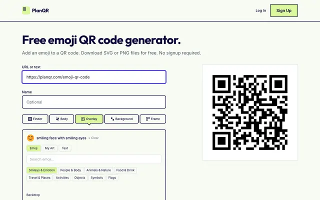 Screenshot of Emoji QR Code Generator — Free SVG Download | PlanQR