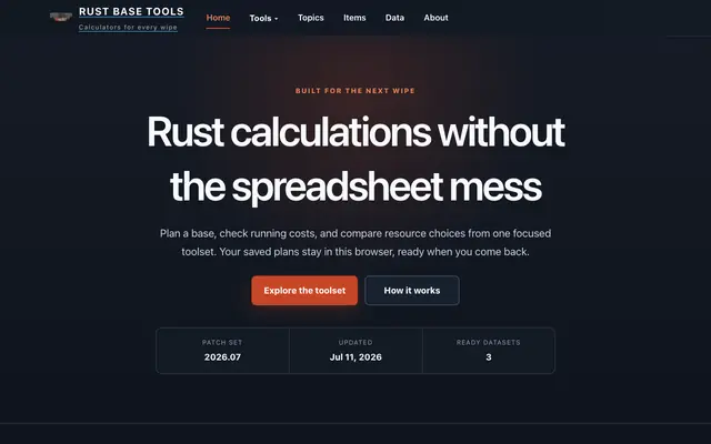 Screenshot of Rust Base Tools | Calculators and Wipe Planning