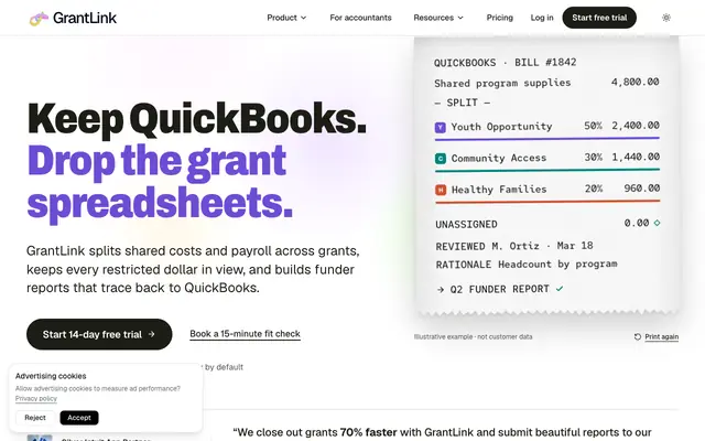 Screenshot of QuickBooks Grant Management & Budget Tracking Software | GrantLink