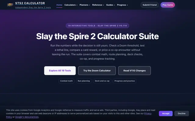 Screenshot of STS2 Calculator — Slay the Spire 2 Tools & Calculators
