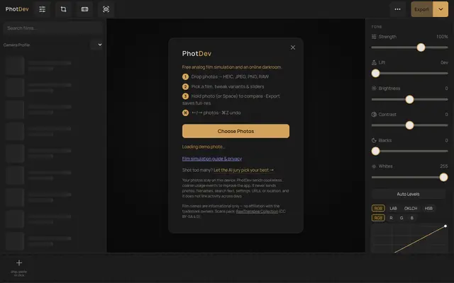 Screenshot of PhotDev — Analog film presets for iPhone photos