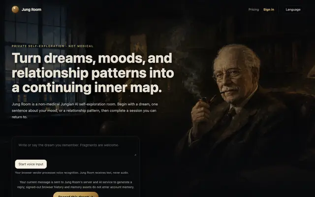 Screenshot of Jung Room — Jungian AI for dreams and inner patterns
