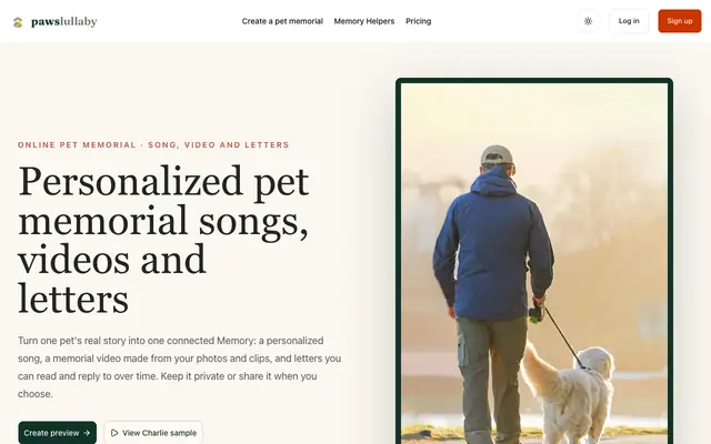 Screenshot of Personalized Pet Memorial Songs, Videos and Letters | PawsLullaby