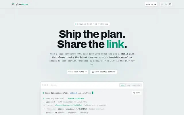 Screenshot of planreview.dev · publish plans from your terminal