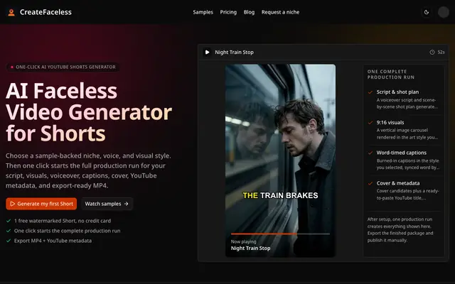 Screenshot of AI Faceless Video Generator for Shorts | CreateFaceless