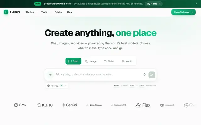 Screenshot of Fullmira — AI Image, Chat, Video & Audio in One Place