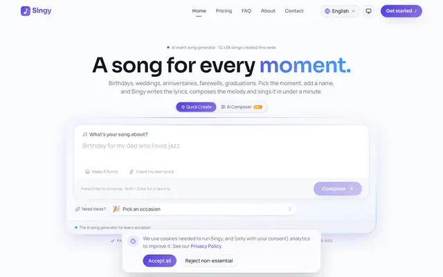Screenshot of Singy — AI Event Song Generator for Birthdays, Weddings & Every Occasion
