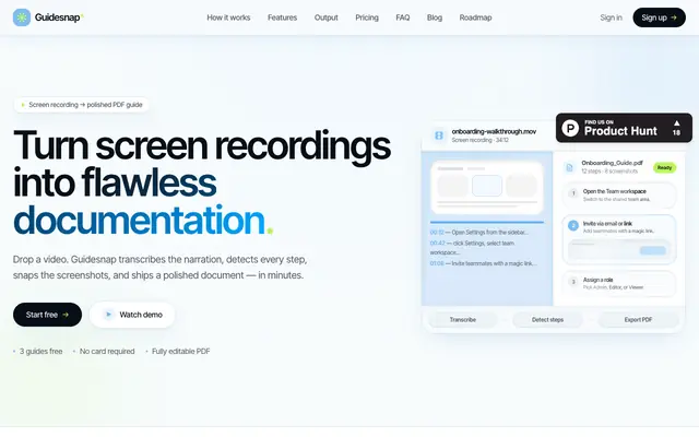 Screenshot of Guidesnap — Turn screen recordings into flawless documentation