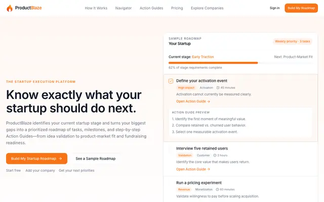 Screenshot of ProductBlaze — AI Product Manager for Startup Founders