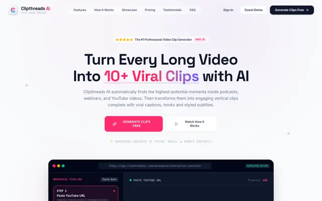 Screenshot of Clipthreads AI — Turn Long Videos Into Viral Short Clips In Minutes