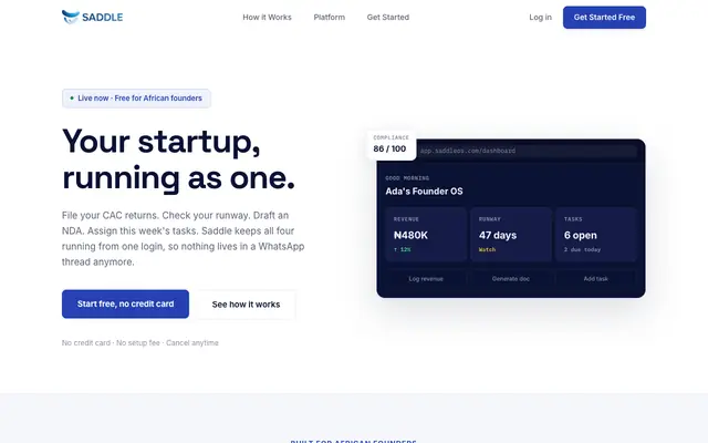Screenshot of Saddle — The Founder OS for African Startups