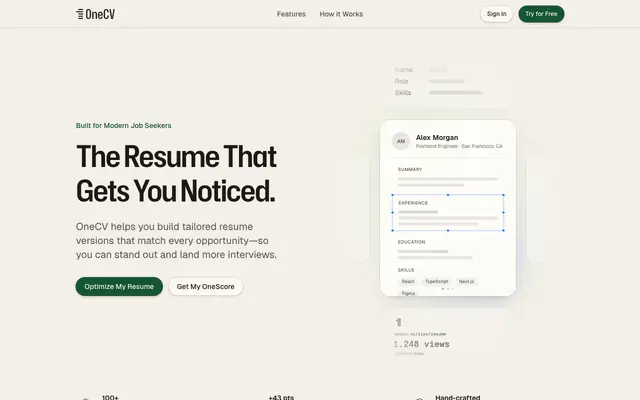 Screenshot of OneCV — Crafting Your Next Chapter