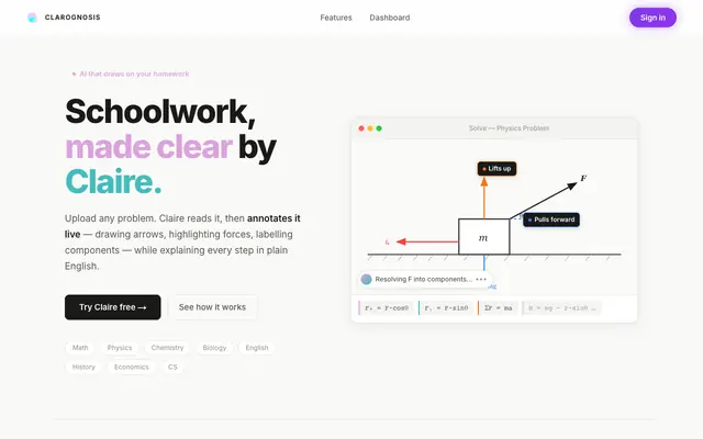 Screenshot of Clarognosis — Schoolwork, made clear by Claire.