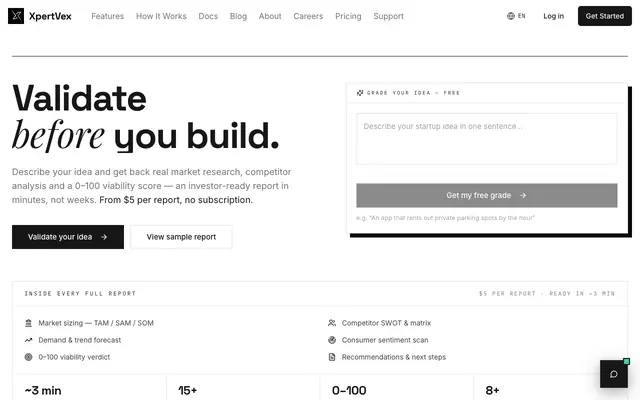Screenshot of XpertVex - AI-Powered Startup Validation Platform