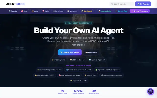 Screenshot of AI Agent Store — Build, Own & Mint Your AI Agent (Earns USDC) | AgentPay