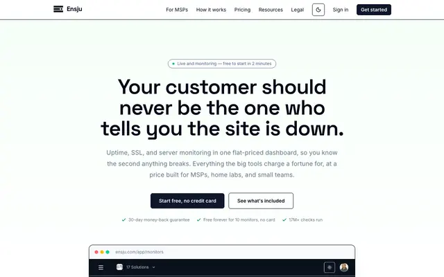 Screenshot of Ensju: Affordable uptime, SSL & server monitoring