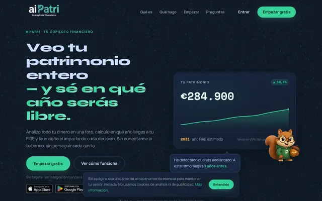 Screenshot of aiPatri · Veo tu patrimonio entero — y sé en qué año serás libre