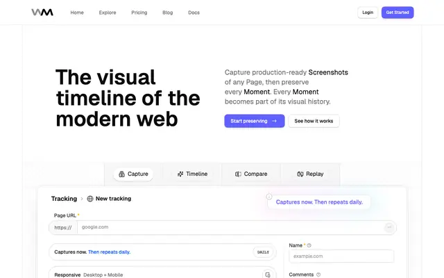 Screenshot of Replayable Website History | WebMoment