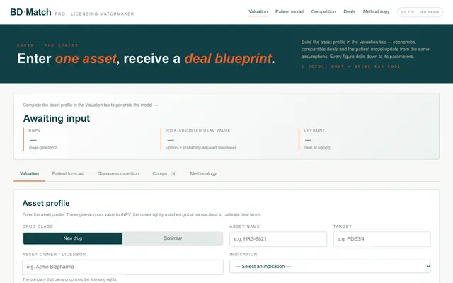 Screenshot of BD Match Pro · Global Licensing Match & Valuation