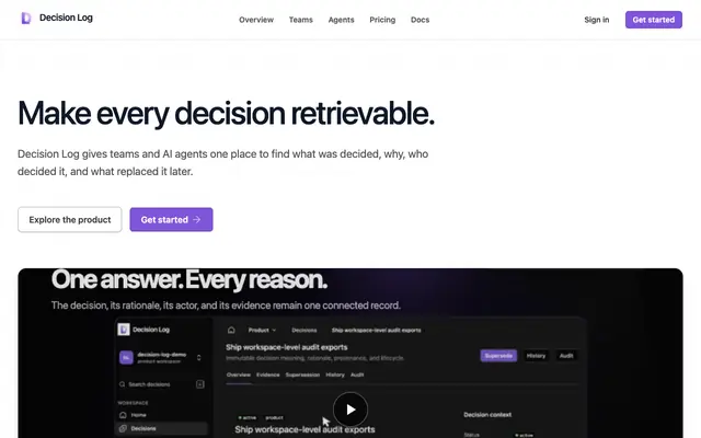 Screenshot of Make every decision retrievable. | Decision Log