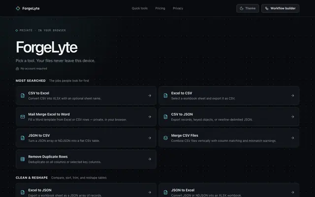 Screenshot of ForgeLyte ETL — Visual data pipelines in your browser