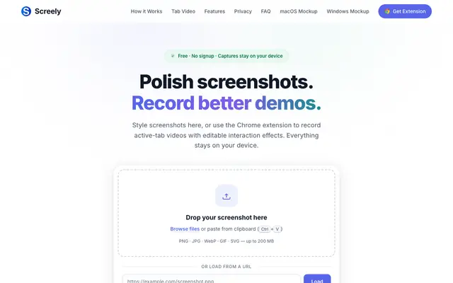 Screenshot of Screely — Free Screenshot Mockup Tool. Private, In Your Browser.
