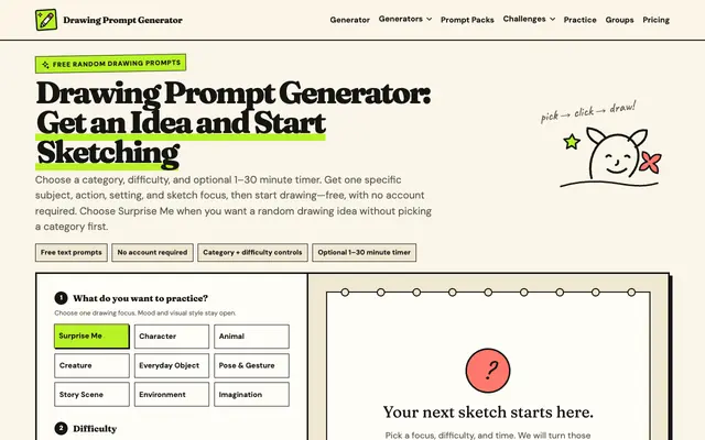 Screenshot of Drawing Prompt Generator — Random Ideas & Timed Challenges