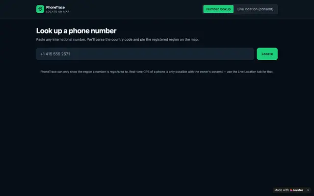 Screenshot of PhoneTrace — Locate any phone number on a map