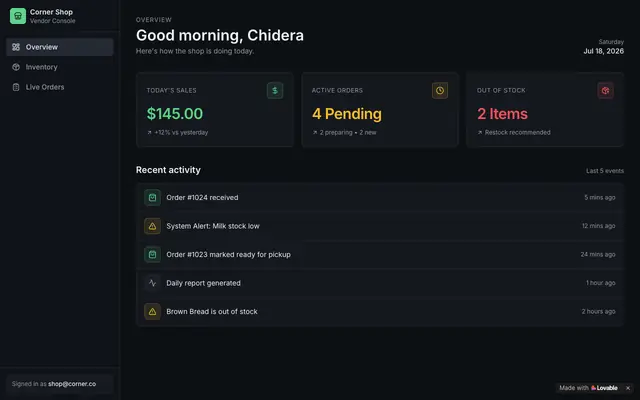 Screenshot of Vendor Console — Corner Shop Dashboard