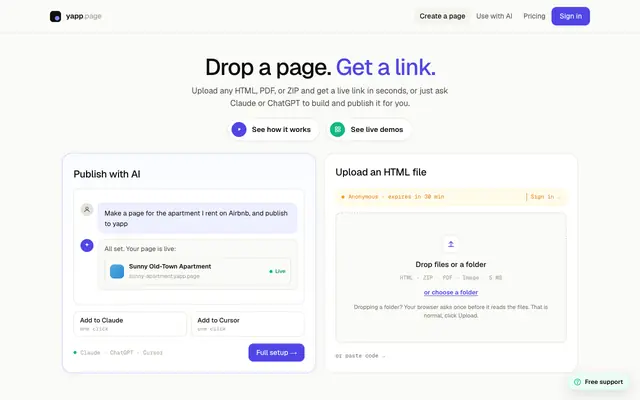 Screenshot of Yapp: Publish a landing page or host any HTML, PDF or image, free
