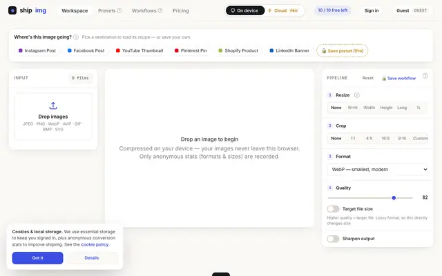 Screenshot of shipimg — browser-powered image workflows