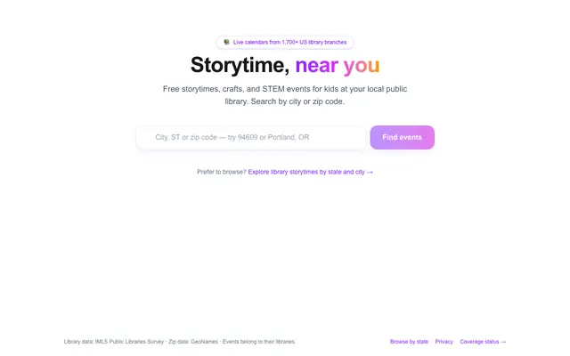 Screenshot of Library Storytime — free kids' events at your local library